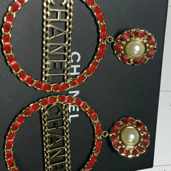 Chanel Red Leather and Gold Chain CHANEL Hoop Pearl Earrings 929 shipped Pearl - Picture 3 of 6